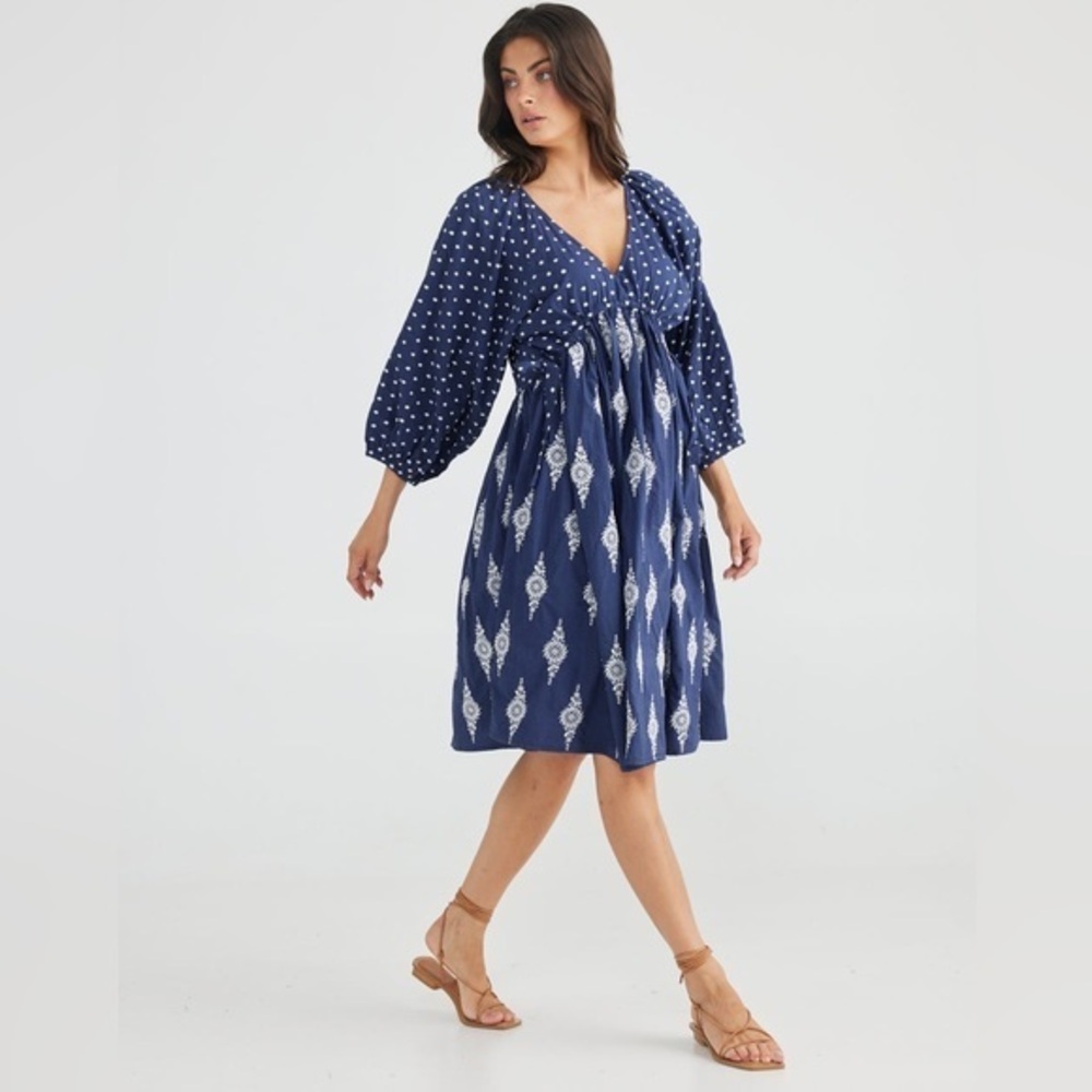 Talisman Gaia Long Sleeve Embroidered Dress in Navy Size Extra Large